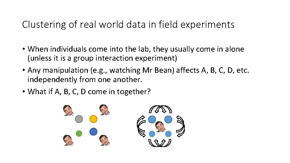 Clustering of real world data in field experiments • When individuals come into the