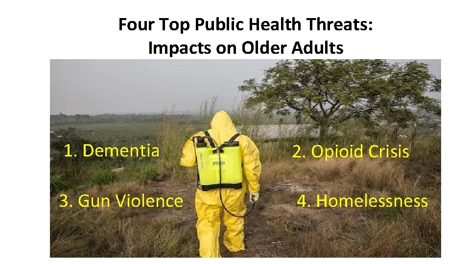 Four Top Public Health Threats: Impacts on Older Adults 1. Dementia 2. Opioid Crisis Four Top Public Health Threats: Impacts on Older Adults 1. Dementia 2. Opioid Crisis