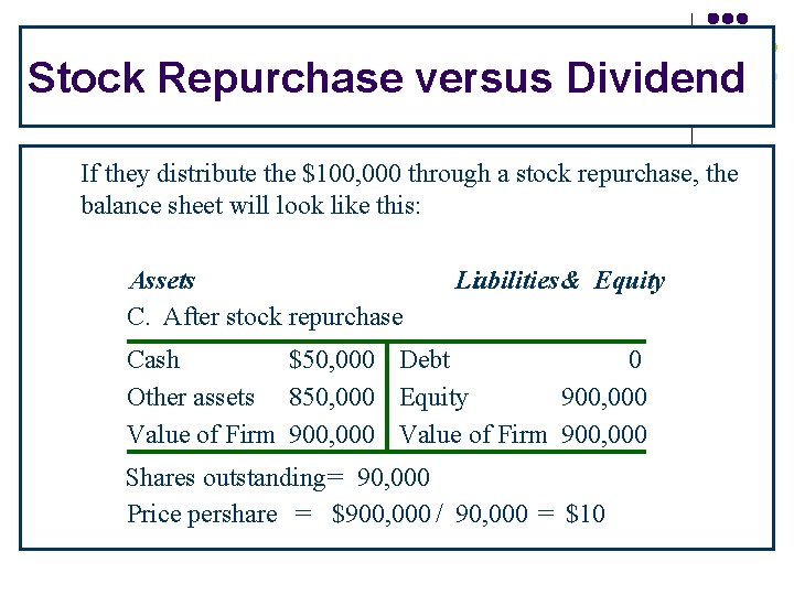 Stock Repurchase versus Dividend If they distribute the $100, 000 through a stock repurchase,