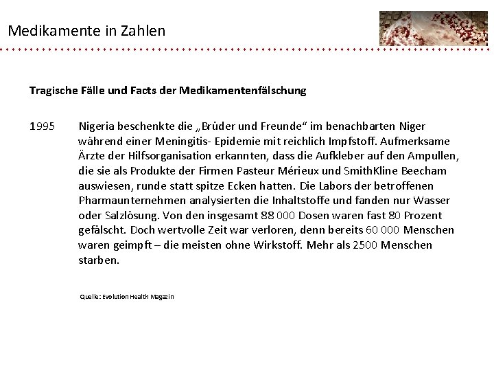 Medikamente in Zahlen Tragische Fälle und Facts der Medikamentenfälschung 1995 Nigeria beschenkte die „Brüder