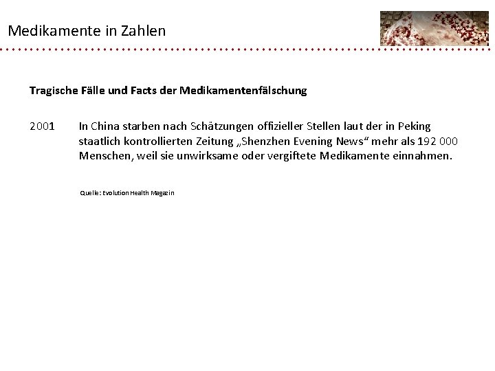 Medikamente in Zahlen Tragische Fälle und Facts der Medikamentenfälschung 2001 In China starben nach