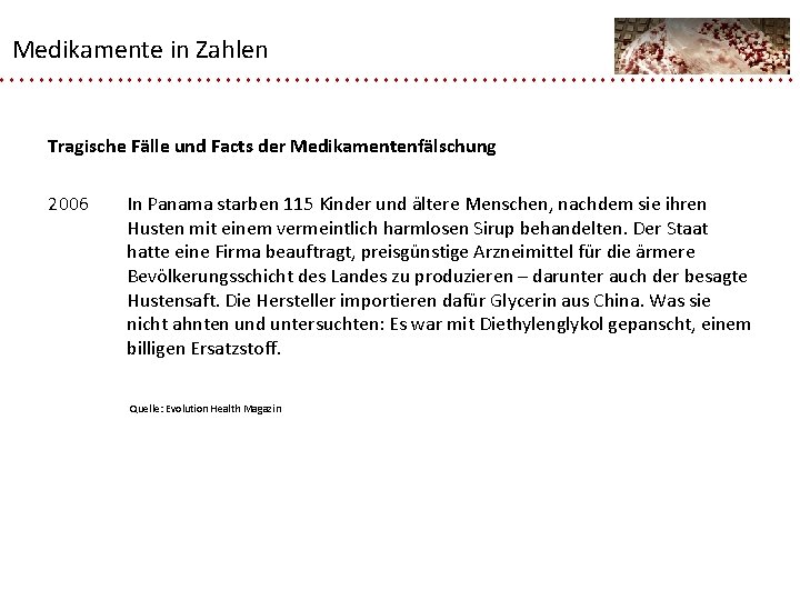 Medikamente in Zahlen Tragische Fälle und Facts der Medikamentenfälschung 2006 In Panama starben 115