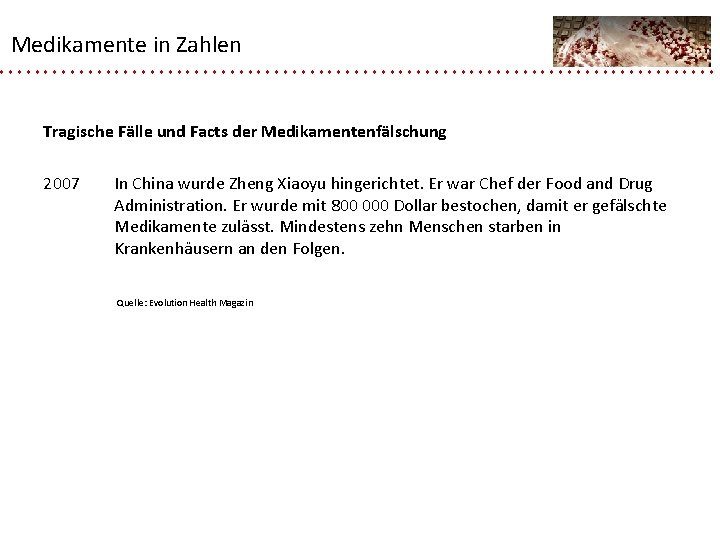 Medikamente in Zahlen Tragische Fälle und Facts der Medikamentenfälschung 2007 In China wurde Zheng