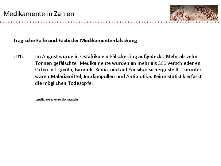 Medikamente in Zahlen Tragische Fälle und Facts der Medikamentenfälschung 2010 Im August wurde in