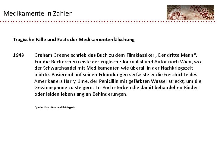 Medikamente in Zahlen Tragische Fälle und Facts der Medikamentenfälschung 1949 Graham Greene schrieb das