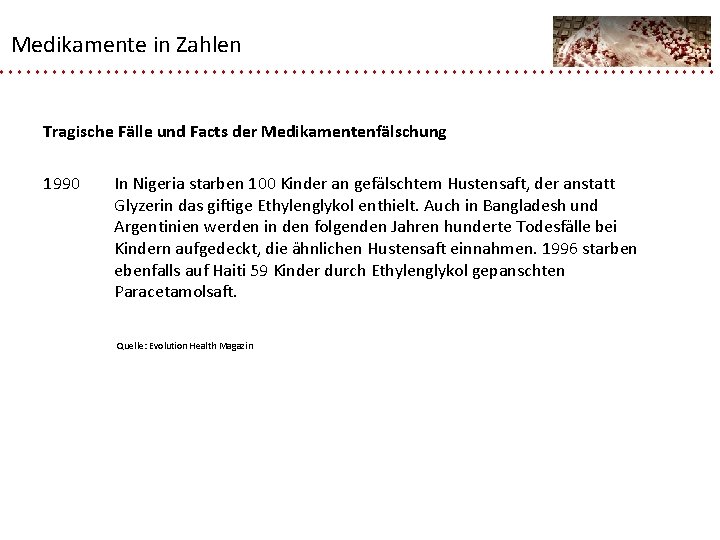 Medikamente in Zahlen Tragische Fälle und Facts der Medikamentenfälschung 1990 In Nigeria starben 100