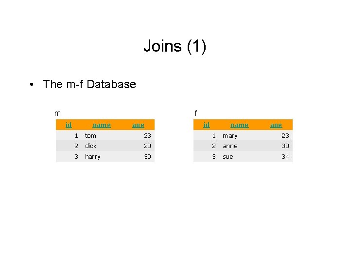 Joins (1) • The m-f Database m f id name age 1 tom 23