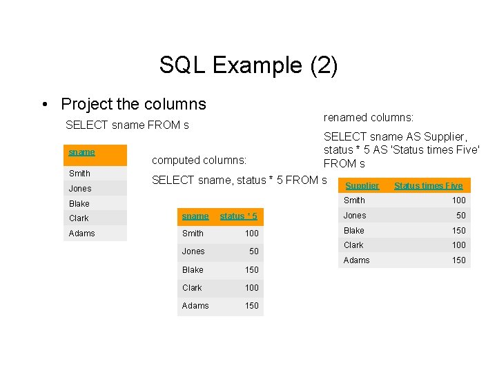 SQL Example (2) • Project the columns renamed columns: SELECT sname FROM s sname
