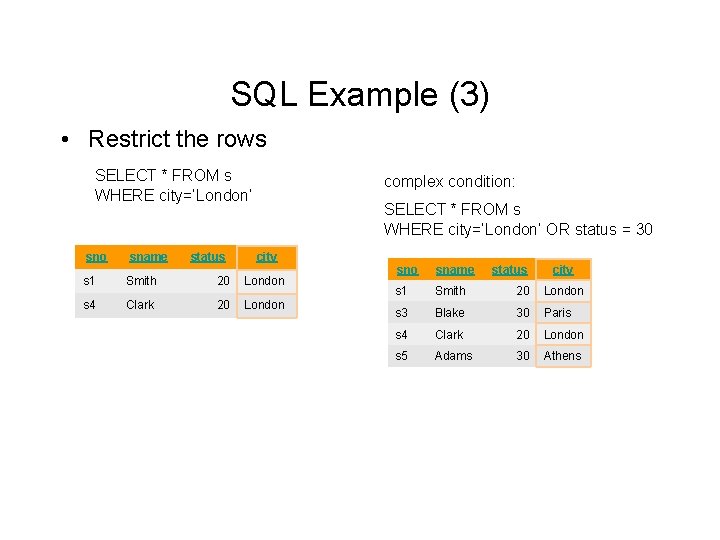SQL Example (3) • Restrict the rows SELECT * FROM s WHERE city=‘London’ sno