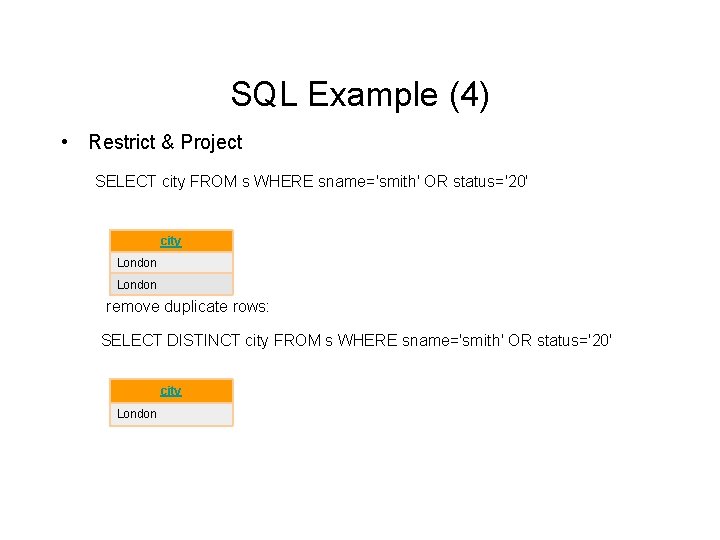 SQL Example (4) • Restrict & Project SELECT city FROM s WHERE sname='smith' OR