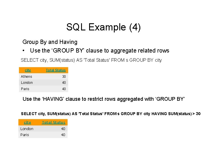 SQL Example (4) Group By and Having • Use the ‘GROUP BY’ clause to