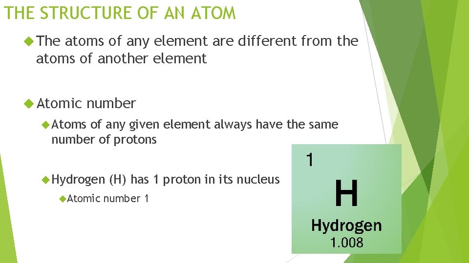 THE STRUCTURE OF AN ATOM The atoms of any element are different from the