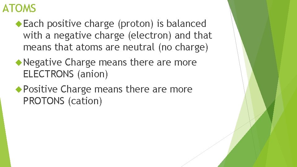 ATOMS Each positive charge (proton) is balanced with a negative charge (electron) and that