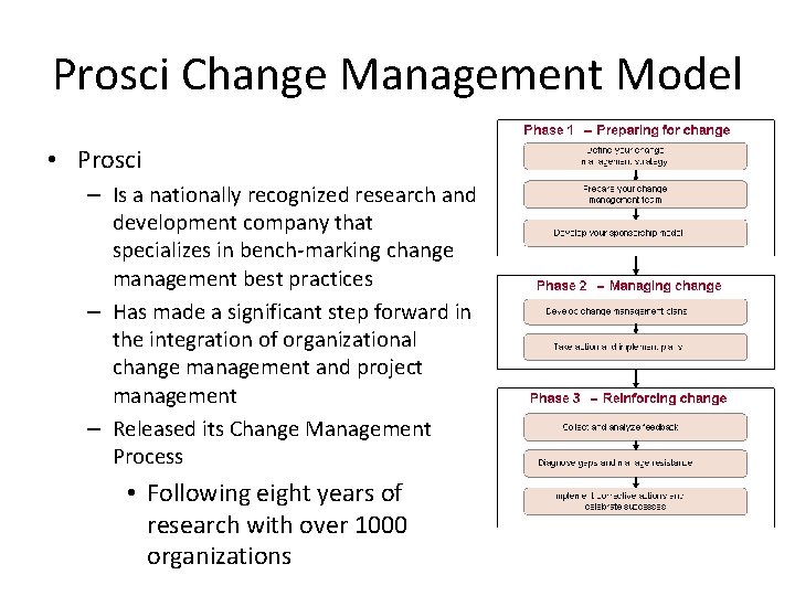 Prosci Change Management Model • Prosci – Is a nationally recognized research and development