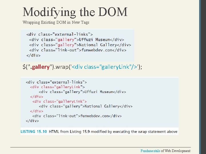 Modifying the DOM Wrapping Existing DOM in New Tags $(". gallery"). wrap('<div class="gallery. Link"/>');