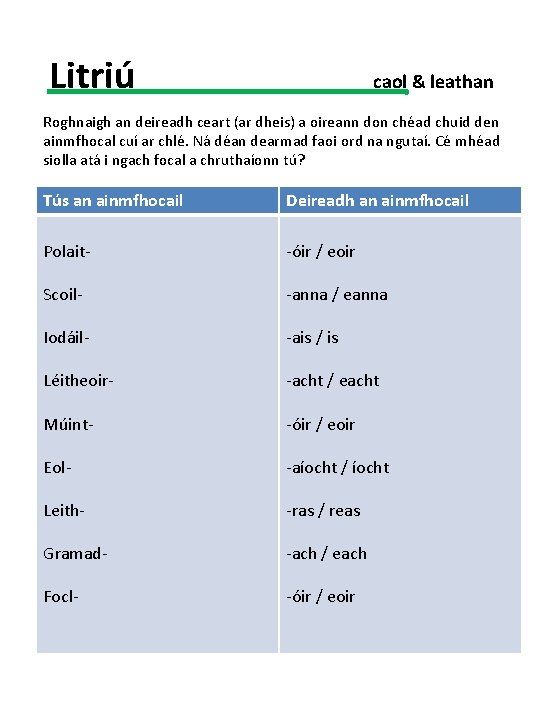 Litriú caol & leathan Roghnaigh an deireadh ceart (ar dheis) a oireann don chéad