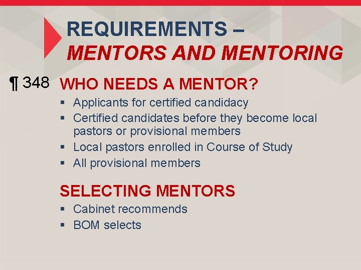 REQUIREMENTS – MENTORS AND MENTORING ¶ 348 WHO NEEDS A MENTOR? § Applicants for