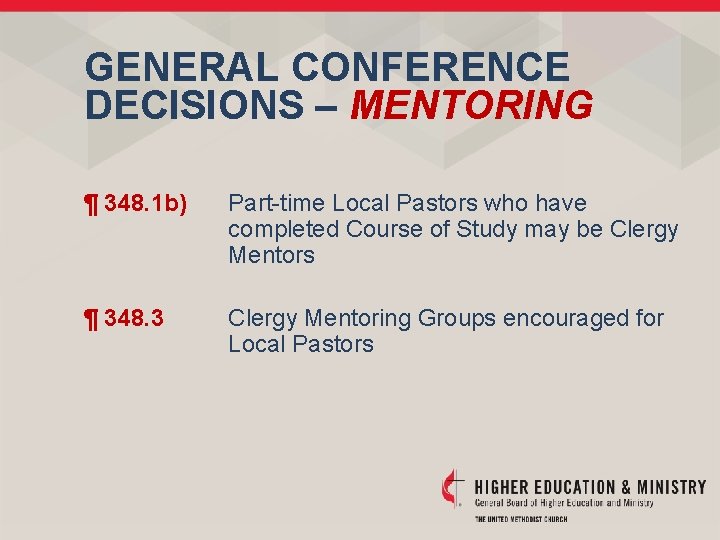 GENERAL CONFERENCE DECISIONS – MENTORING ¶ 348. 1 b) Part-time Local Pastors who have