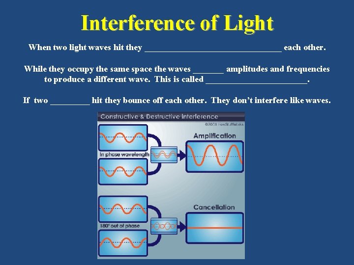 Interference of Light When two light waves hit they ________________ each other. While they