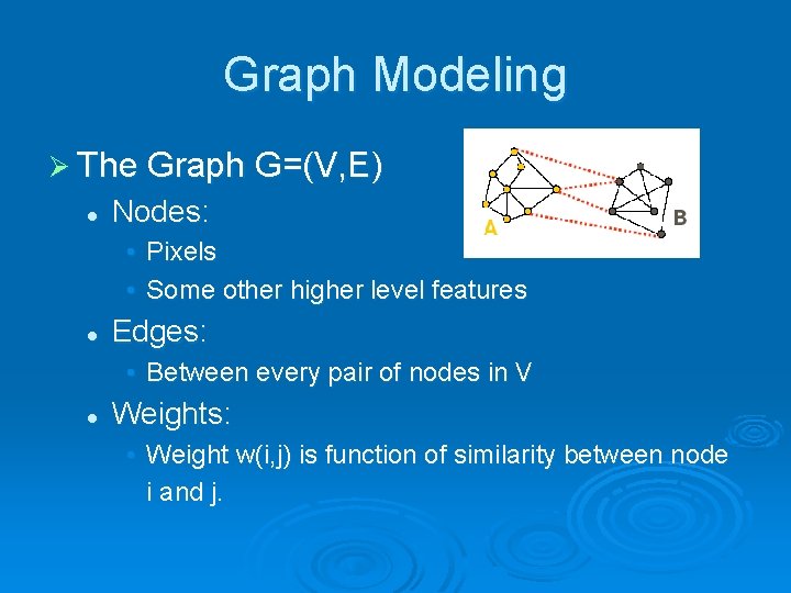 Graph Modeling Ø The Graph G=(V, E) l Nodes: • Pixels • Some other