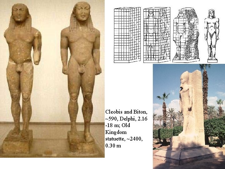 Cleobis and Biton, ~590, Delphi, 2. 16 -18 m; Old Kingdom statuette, ~2400, 0.
