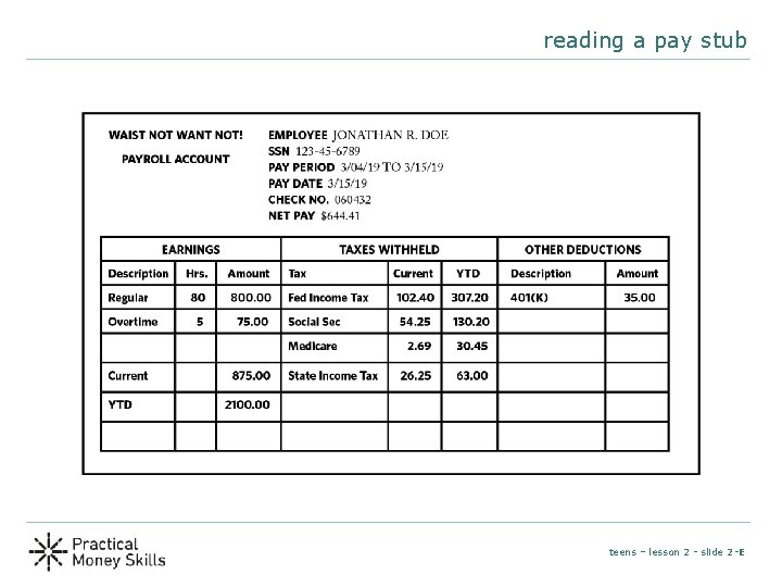 reading a pay stub teens – lesson 2 - slide 2 -E 