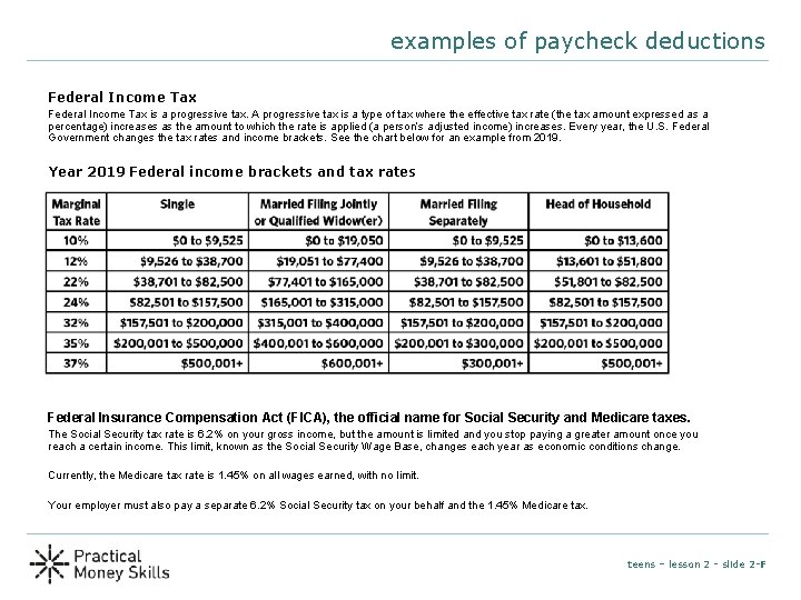 examples of paycheck deductions Federal Income Tax is a progressive tax. A progressive tax