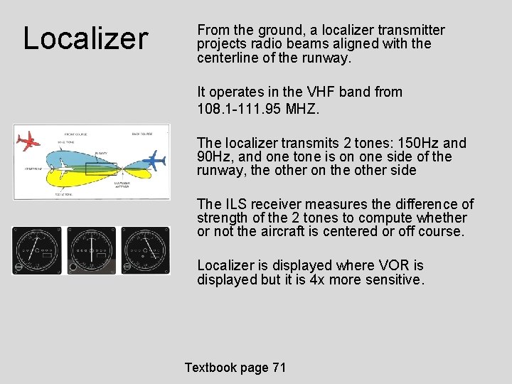 Localizer From the ground, a localizer transmitter projects radio beams aligned with the centerline