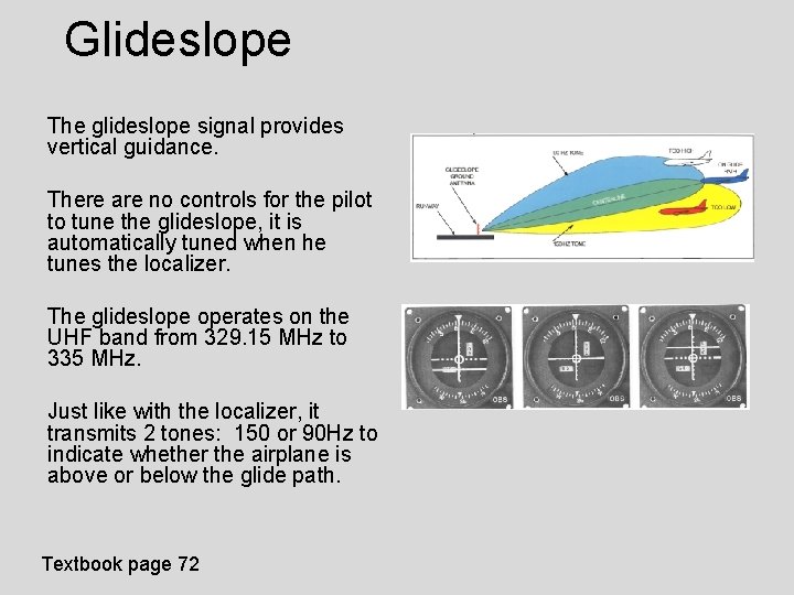 Glideslope The glideslope signal provides vertical guidance. There are no controls for the pilot
