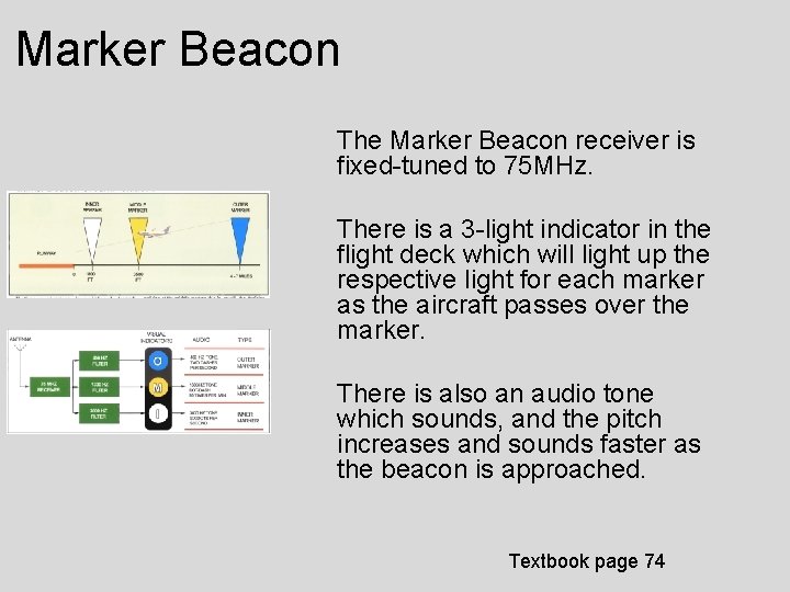 Marker Beacon The Marker Beacon receiver is fixed-tuned to 75 MHz. There is a