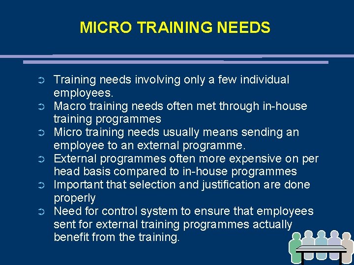 MICRO TRAINING NEEDS ➲ ➲ ➲ Training needs involving only a few individual employees.