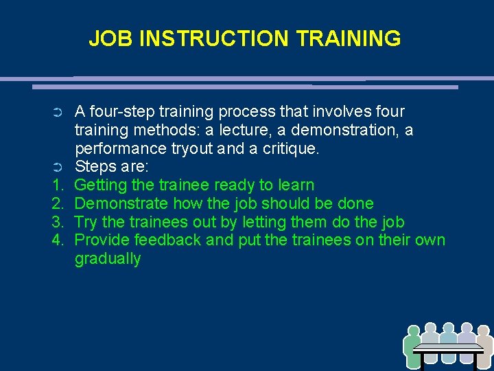 JOB INSTRUCTION TRAINING ➲ ➲ 1. 2. 3. 4. A four-step training process that