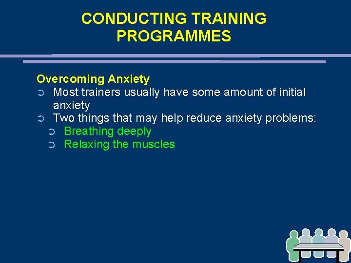 CONDUCTING TRAINING PROGRAMMES Overcoming Anxiety ➲ Most trainers usually have some amount of initial