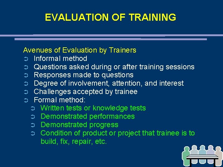 EVALUATION OF TRAINING Avenues of Evaluation by Trainers ➲ Informal method ➲ Questions asked