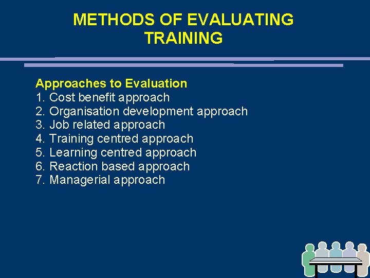 METHODS OF EVALUATING TRAINING Approaches to Evaluation 1. Cost benefit approach 2. Organisation development
