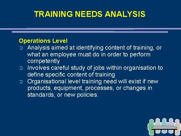 TRAINING NEEDS ANALYSIS Operations Level ➲ Analysis aimed at identifying content of training, or