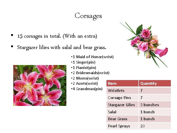 Corsages • 15 corsages in total. (With an extra) • Stargazer lilies with salal