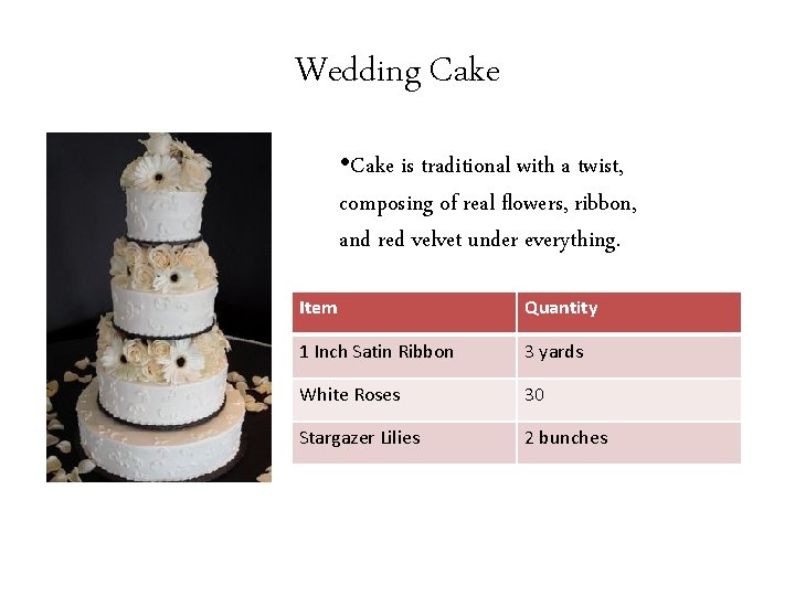 Wedding Cake • Cake is traditional with a twist, composing of real flowers, ribbon,