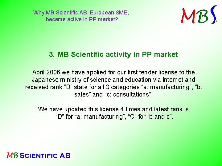 Why MB Scientific AB, European SME, became active in PP market? 3. MB Scientific