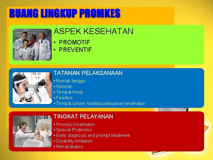 RUANG LINGKUP PROMKES ASPEK KESEHATAN • PROMOTIF • PREVENTIF TATANAN PELAKSANAAN • Rumah tangga