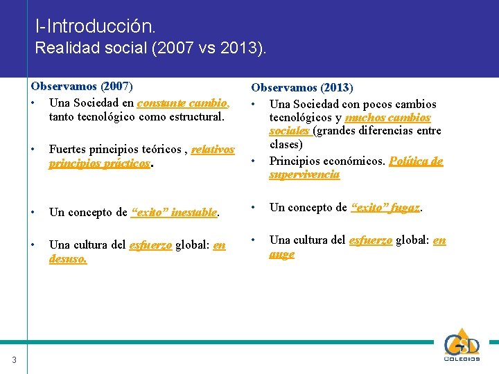 I-Introducción. Realidad social (2007 vs 2013). Observamos (2007) • Una Sociedad en constante cambio,