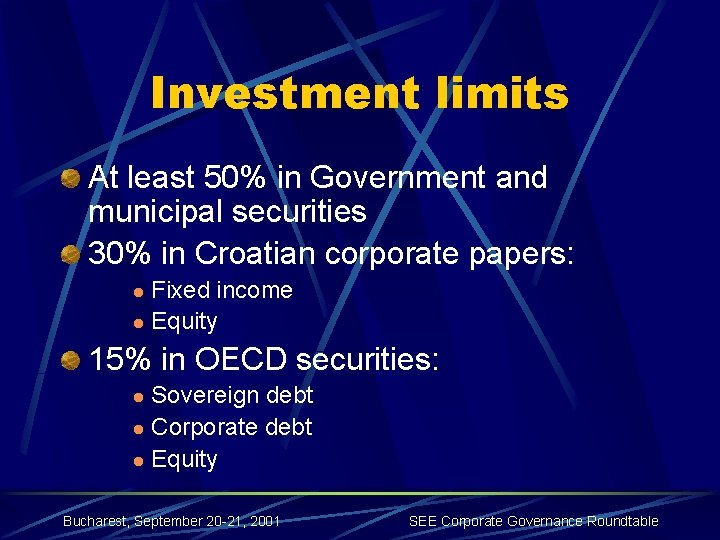 Investment limits At least 50% in Government and municipal securities 30% in Croatian corporate