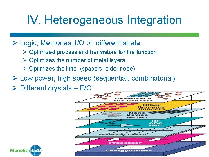 IV. Heterogeneous Integration Ø Logic, Memories, I/O on different strata Ø Optimized process and