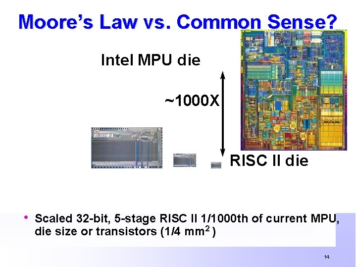 Moore’s Law vs. Common Sense? Intel MPU die ~1000 X RISC II die •