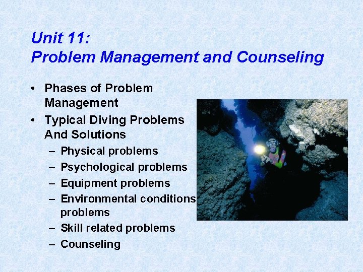 Unit 11: Problem Management and Counseling • Phases of Problem Management • Typical Diving
