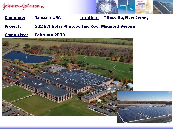 Company: Janssen USA Location: Titusville, New Jersey Project: 522 k. W Solar Photovoltaic Roof Company: Janssen USA Location: Titusville, New Jersey Project: 522 k. W Solar Photovoltaic Roof
