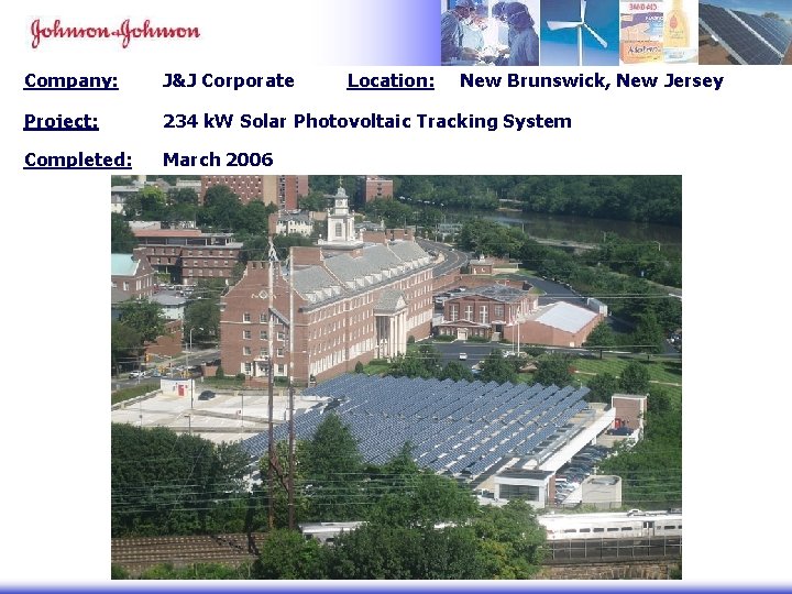 Company: J&J Corporate Location: New Brunswick, New Jersey Project: 234 k. W Solar Photovoltaic Company: J&J Corporate Location: New Brunswick, New Jersey Project: 234 k. W Solar Photovoltaic
