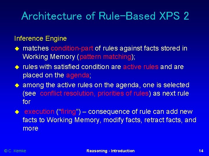 Architecture of Rule-Based XPS 2 Inference Engine matches condition-part of rules against facts stored