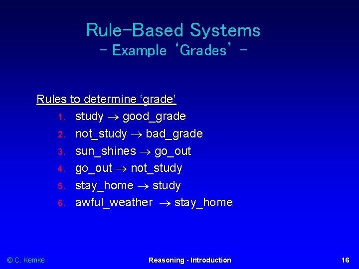 Rule-Based Systems - Example ‘Grades’ Rules to determine ‘grade’ 1. study good_grade 2. not_study