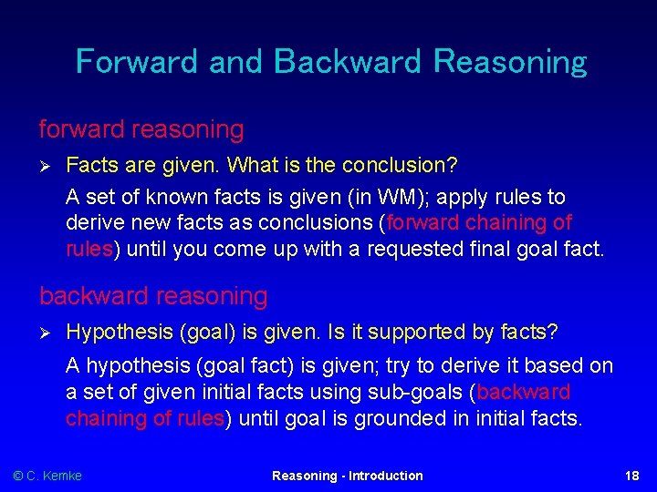 Forward and Backward Reasoning forward reasoning Ø Facts are given. What is the conclusion?